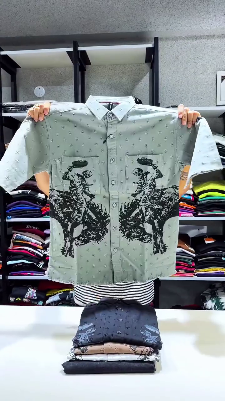 Men's Casual Western Graphic Short Sleeve Button Down Shirt