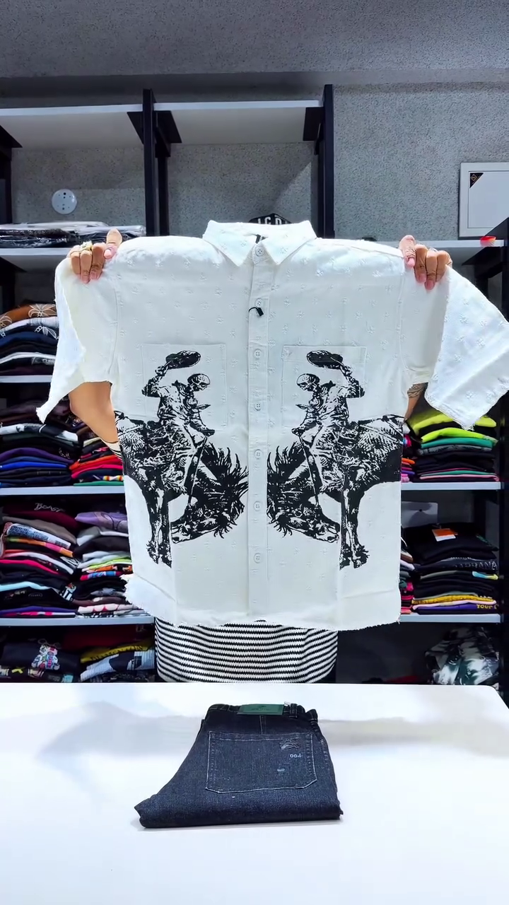 Men's Casual Western Graphic Short Sleeve Button Down Shirt