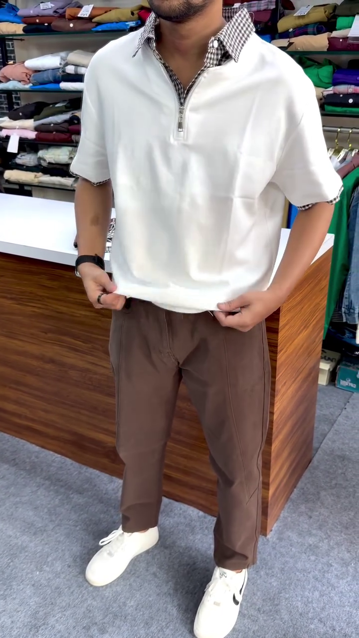 Men’s Premium Zipper Polo Shirt with Contrast Pattern Collar
