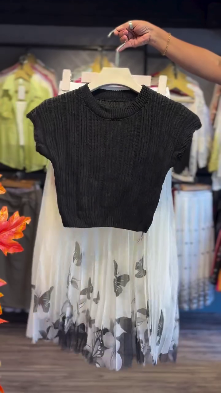 Women's Ribbed Knit Crop Top and Pleated Skirt Set