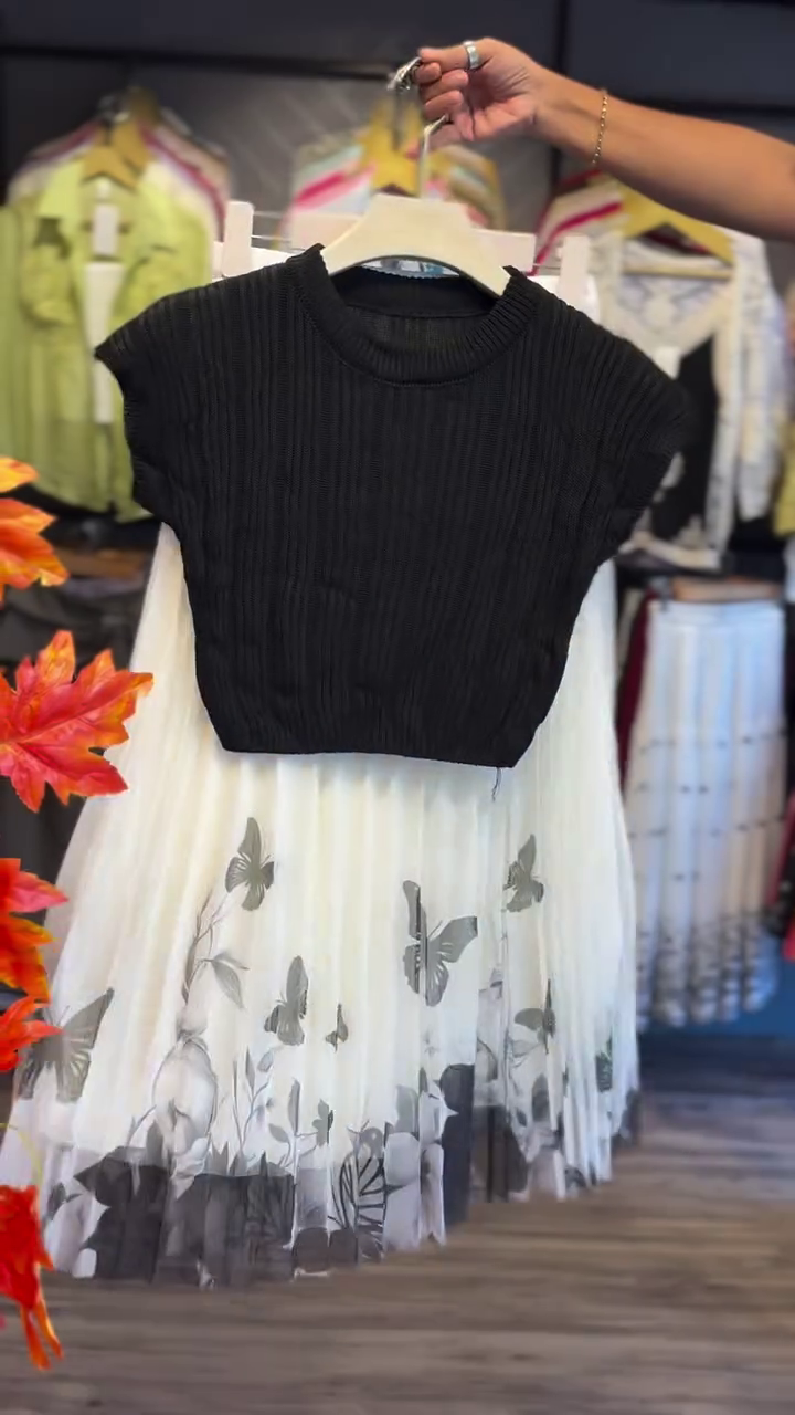 Women's Ribbed Knit Crop Top and Pleated Skirt Set