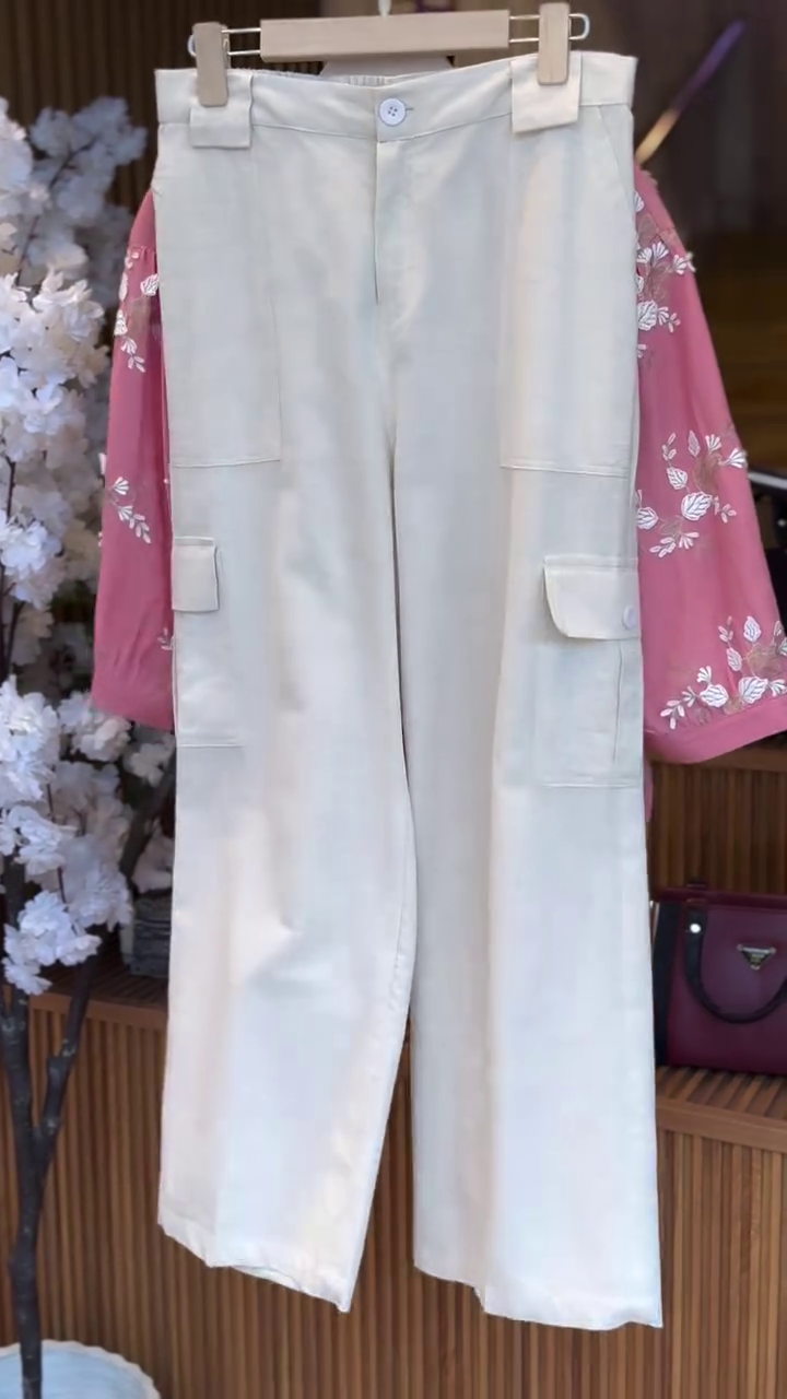 Women's Elegant Embroidered Top and Cargo Trousers Co-ord Set