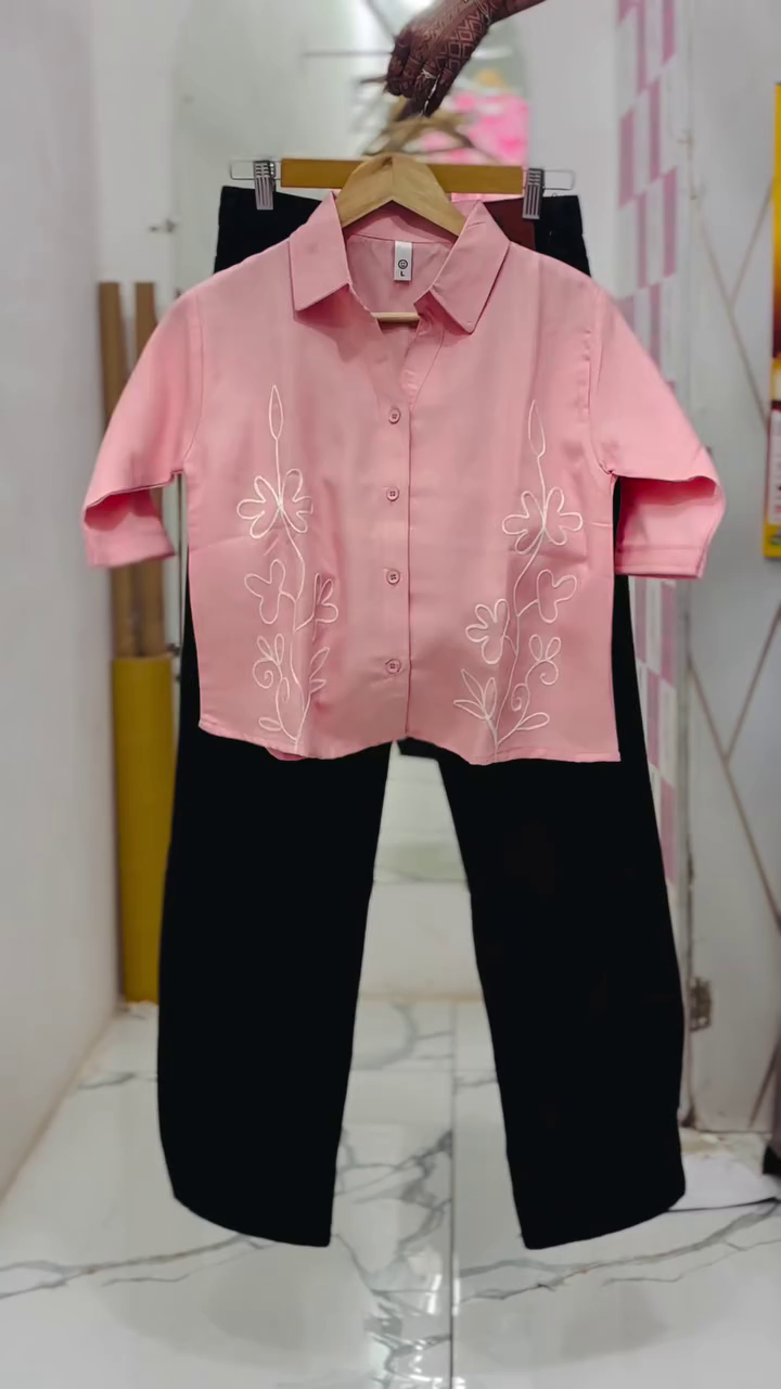 Elegant Embroidered Co Ord Set for Women with Collared Button Down Shirt and Relaxed Straight Pants, Soft Comfortable Fabric, Stylish Casual Outfit for Daily Wear, Office, Travel, Brunch, Vacation, Weekend, Smart Casual Fashion and Effortless Comfort